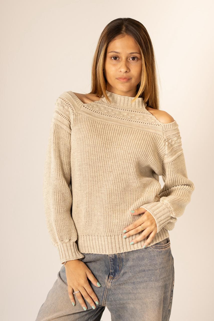 BLUSA DE FRIO NA LÃ MANGA BUFANTE COM RECORTES NO OMBRO